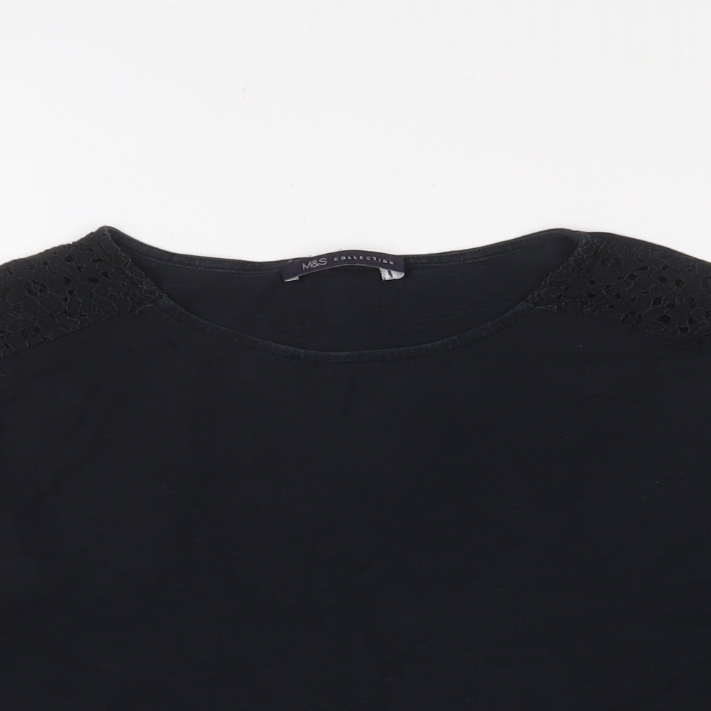 Marks and Spencer Womens Black Cotton Basic T-Shirt Size 12 Crew Neck - Lace