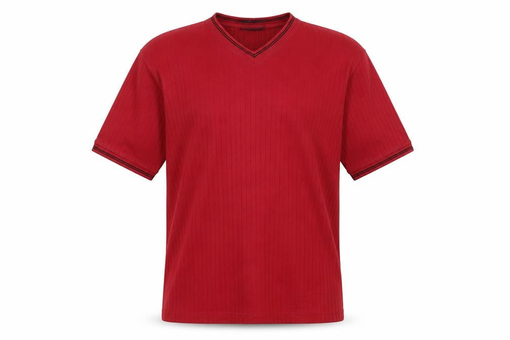 Front view of Next men’s red cotton t-shirt, size M, v-neck