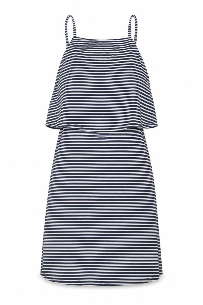 Front view of Miss Selfridge women’s black striped viscose a-line, size UK 10, square neck pullover