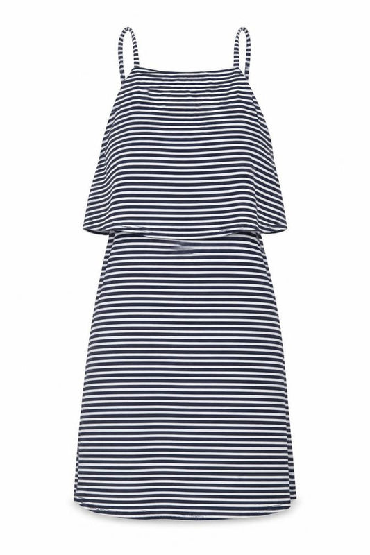 Front view of Miss Selfridge women’s black striped viscose a-line, size UK 10, square neck pullover