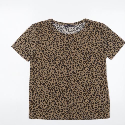 Marks and Spencer Womens Brown Animal Print Polyester Basic T-Shirt Size 8 Crew Neck
