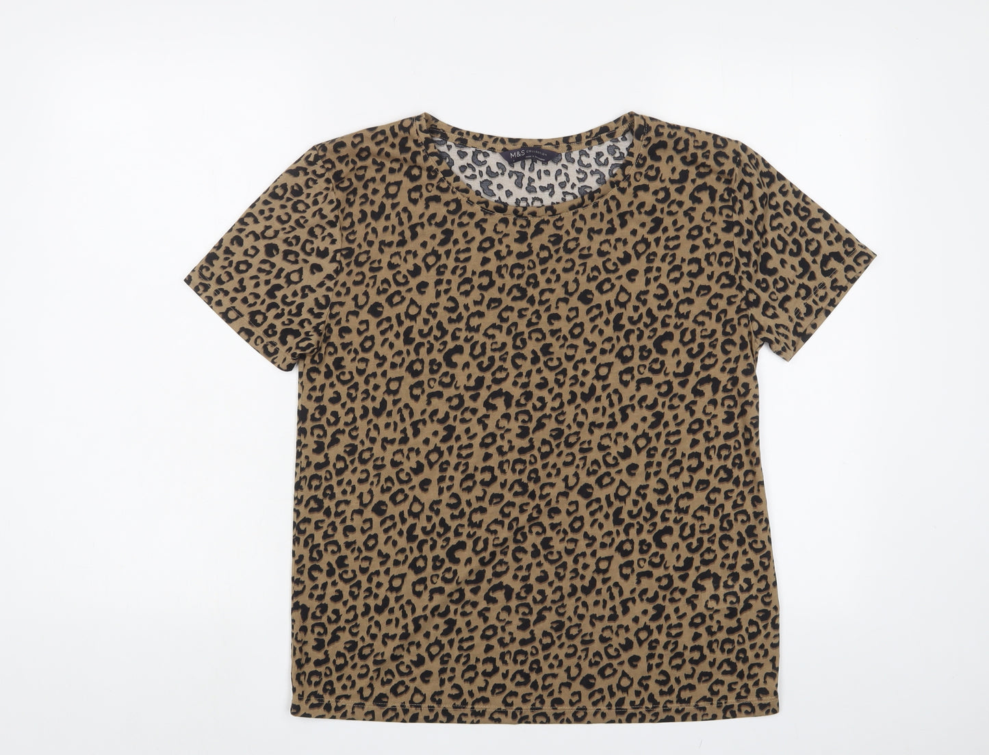 Marks and Spencer Womens Brown Animal Print Polyester Basic T-Shirt Size 8 Crew Neck