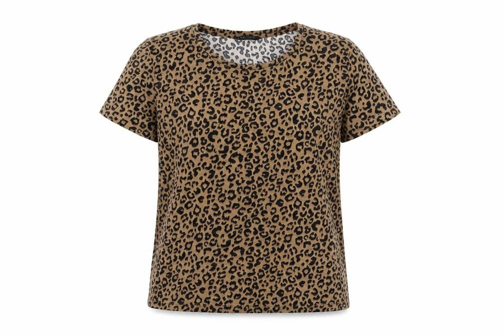 Front view of Marks & Spencer women’s brown animal print polyester basic t-shirt, size UK 8, crew neck