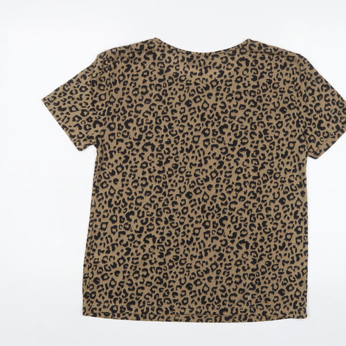 Marks and Spencer Womens Brown Animal Print Polyester Basic T-Shirt Size 8 Crew Neck