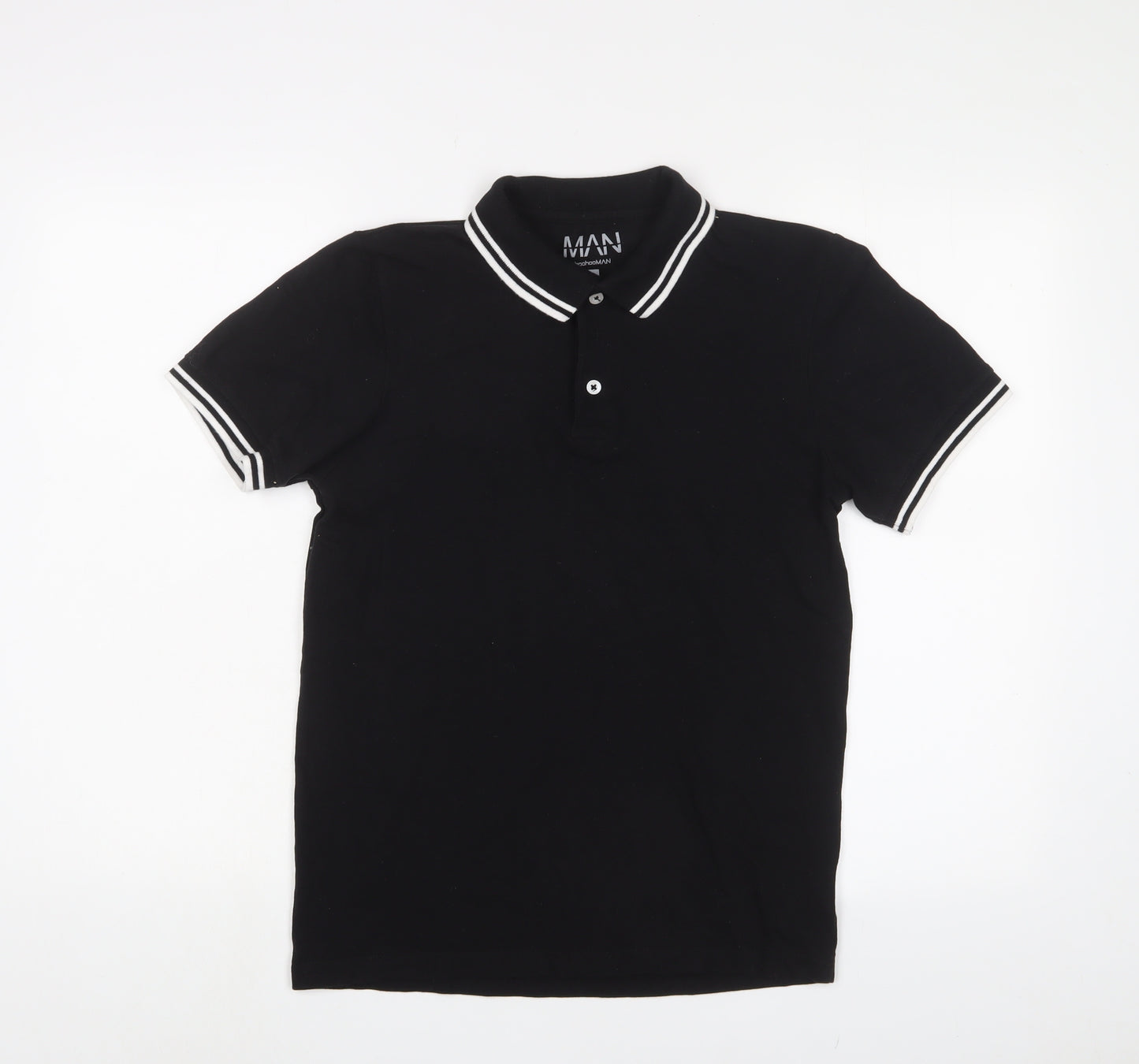 Boohoo Mens Black Cotton Polo Size S Collared Button