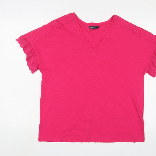 Marks and Spencer Womens Pink Cotton Basic T-Shirt Size 14 V-Neck - Embroidered