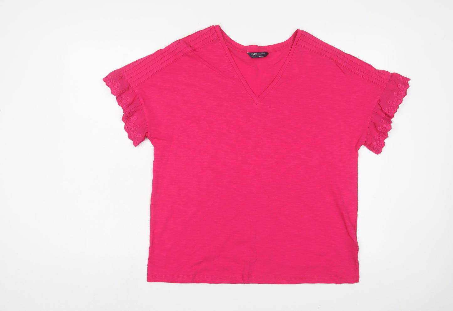 Marks and Spencer Womens Pink Cotton Basic T-Shirt Size 14 V-Neck - Embroidered