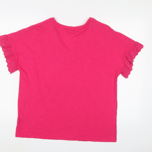 Marks and Spencer Womens Pink Cotton Basic T-Shirt Size 14 V-Neck - Embroidered