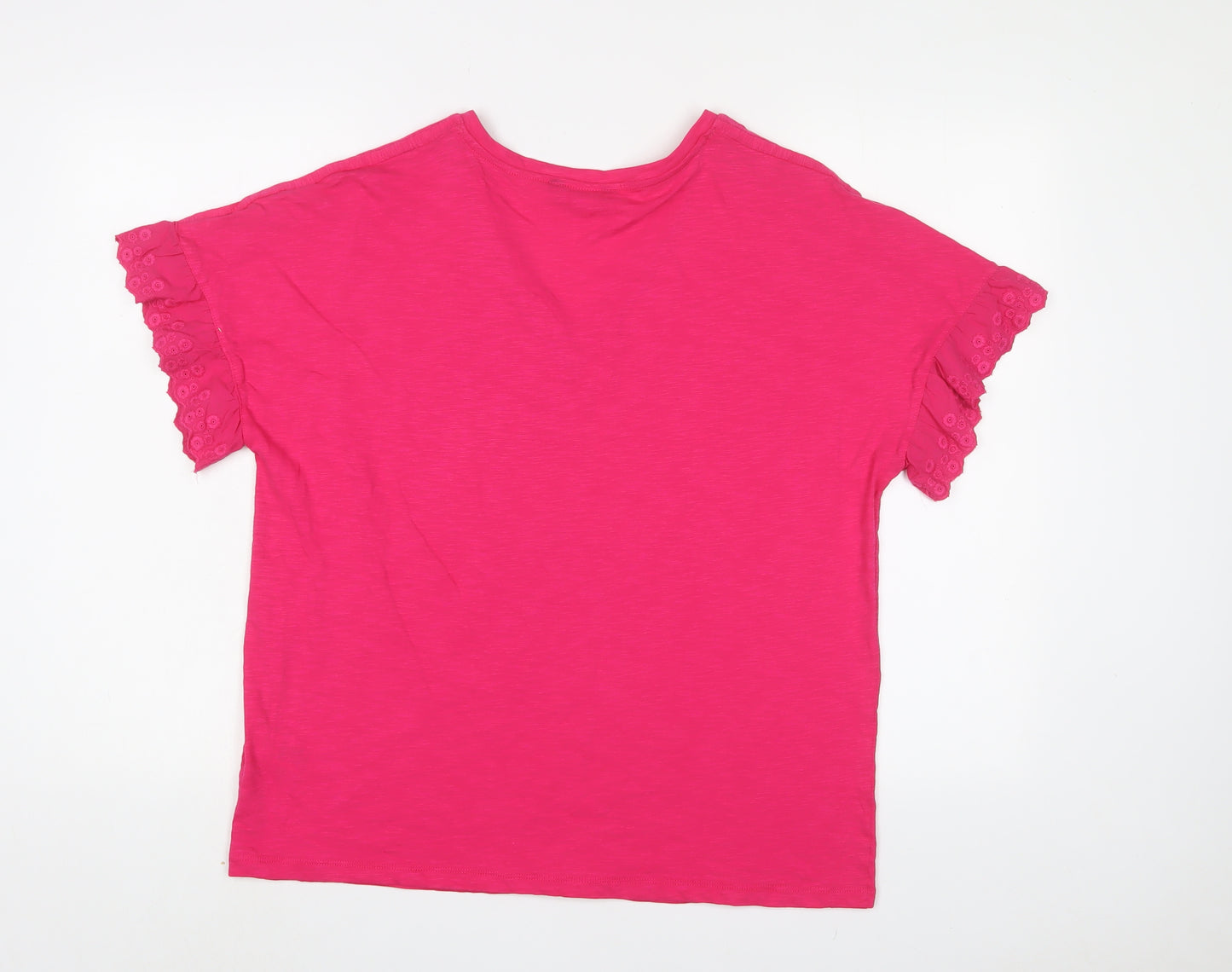 Marks and Spencer Womens Pink Cotton Basic T-Shirt Size 14 V-Neck - Embroidered