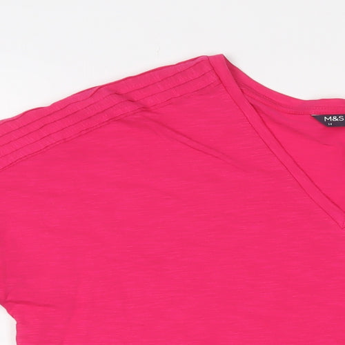 Marks and Spencer Womens Pink Cotton Basic T-Shirt Size 14 V-Neck - Embroidered