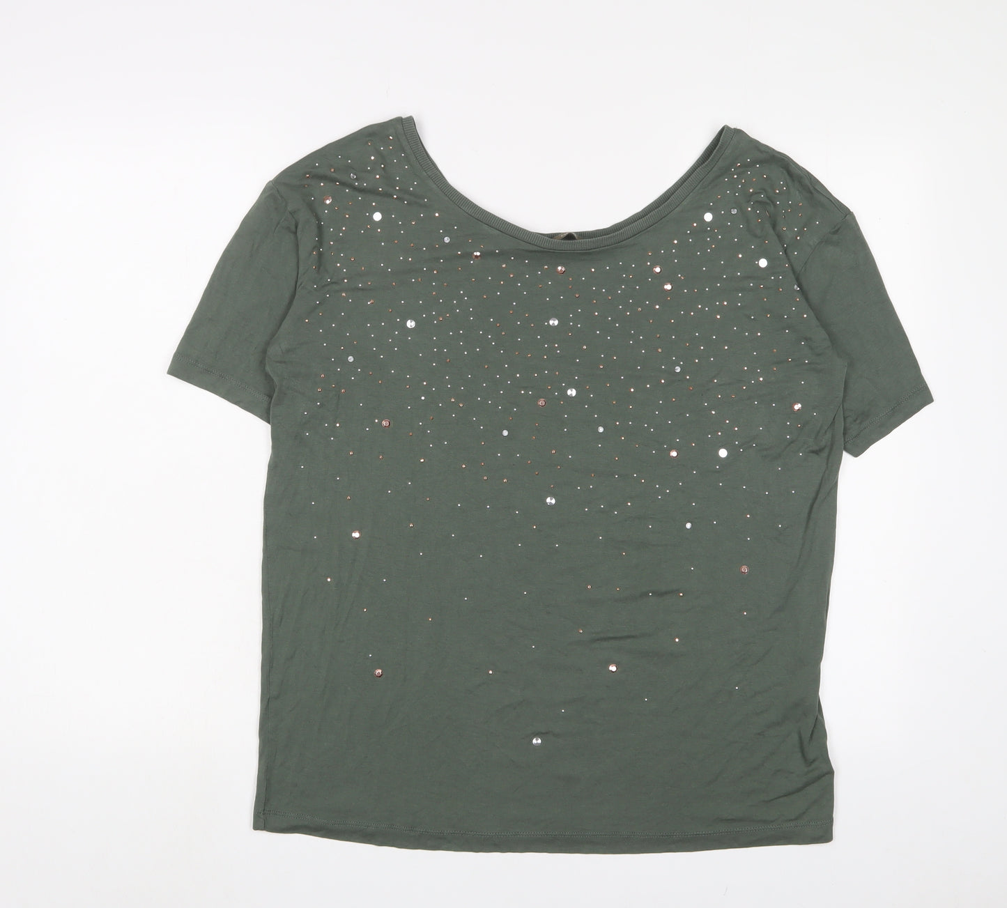 NEXT Womens Green Viscose Basic T-Shirt Size 10 Scoop Neck - Studded