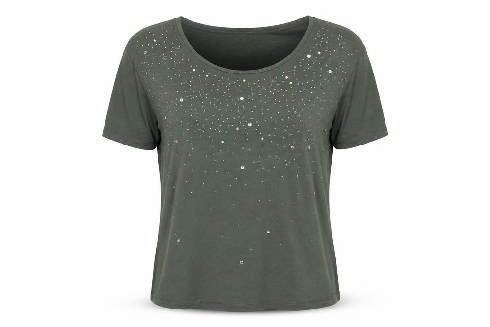 Front view of Next women’s green viscose basic t-shirt, size UK 10, scoop neck - studded