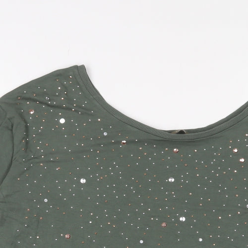 NEXT Womens Green Viscose Basic T-Shirt Size 10 Scoop Neck - Studded