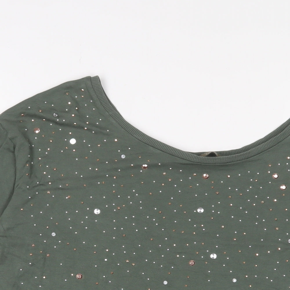 NEXT Womens Green Viscose Basic T-Shirt Size 10 Scoop Neck - Studded