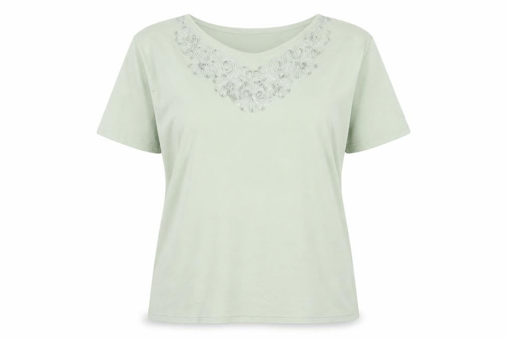 Front view of Berkertex women’s green polyester basic t-shirt, size UK 16, boat neck - embroidered
