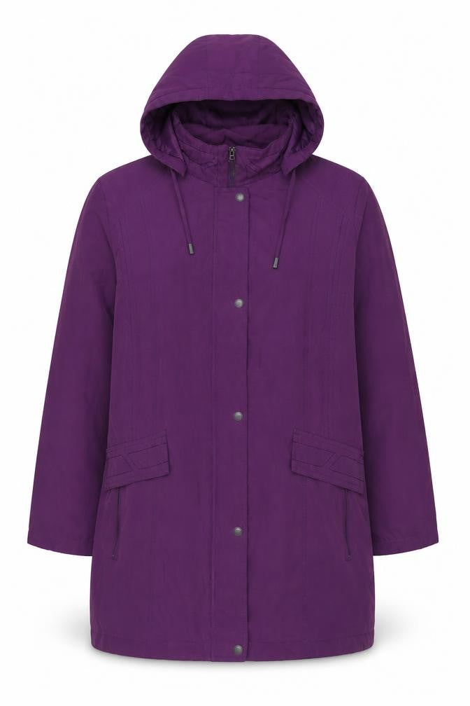 Front view of Bonmarché men’s purple jacket coat, size XL, zip