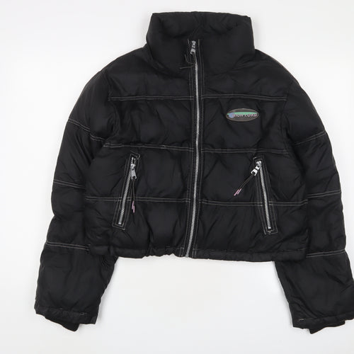 Pull&Bear Mens Black Puffer Jacket Coat Size M Zip - Embroidered