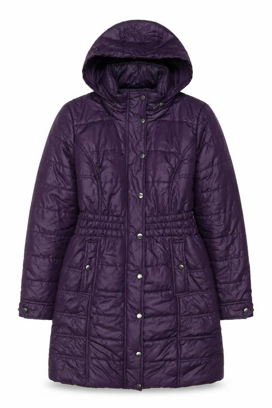 Front view of M&Co women’s purple quilted coat, size UK 10, zip
