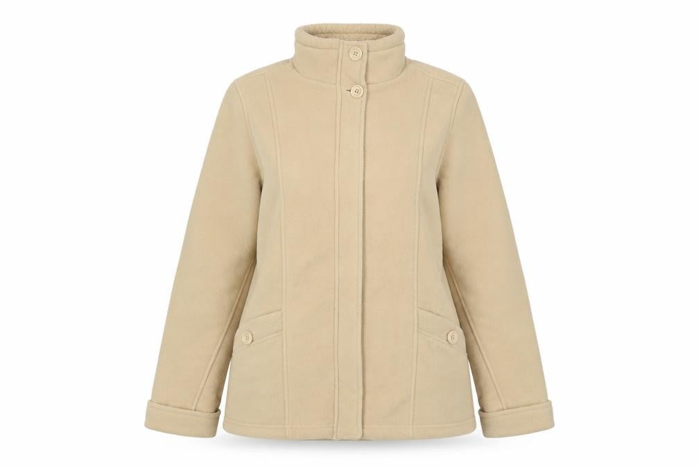 Front view of Marks & Spencer women’s beige jacket, size UK 12, zip