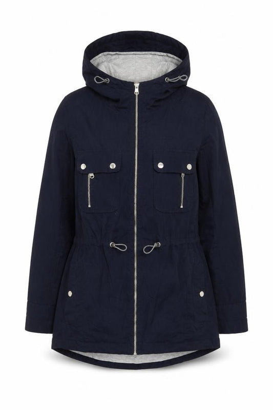 Front view of Next women’s blue jacket, size UK 14, zip