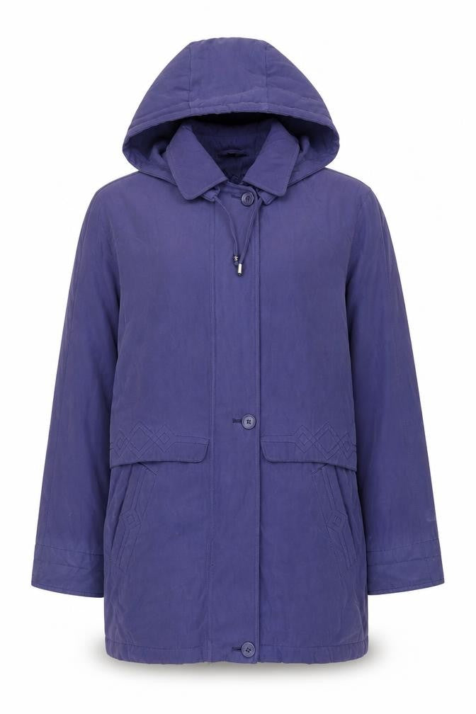 Front view of Bonmarché women’s purple quilted coat, size S, zip