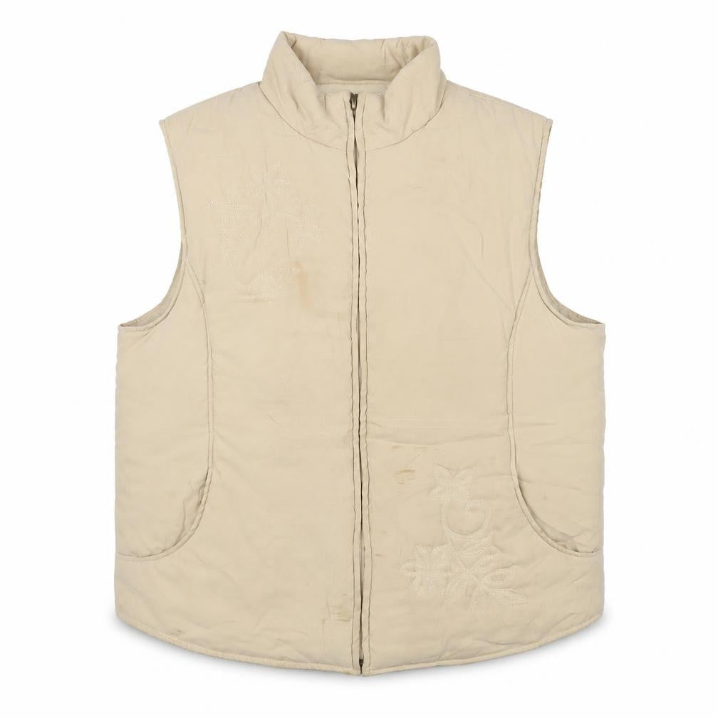 Front view of EWM women’s beige gilet jacket, size L, zip - embroidered