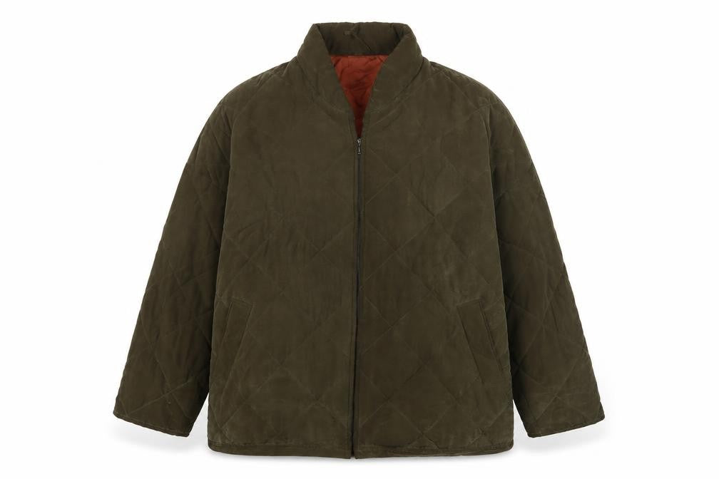Front view of Olsen men’s green quilted jacket, size L, zip