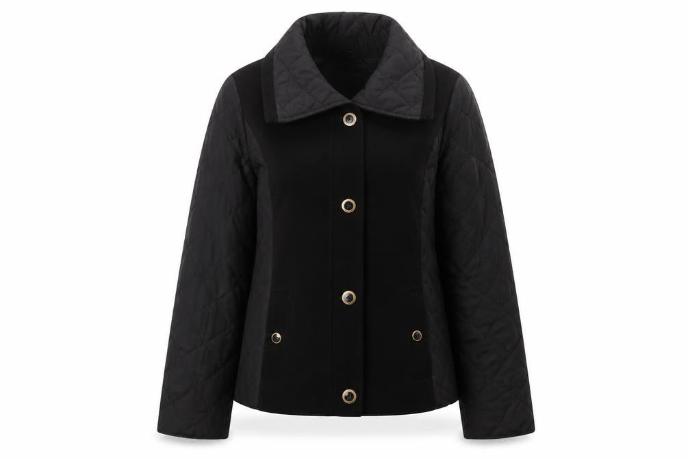 Front view of ANNE WEYBURN women’s black jacket, size UK 14, zip