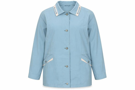 Front view of David Barry women’s blue jacket, size UK 16, button