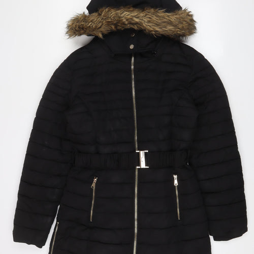 Golddigga Womens Black Parka Coat Size 12 Zip - Belted