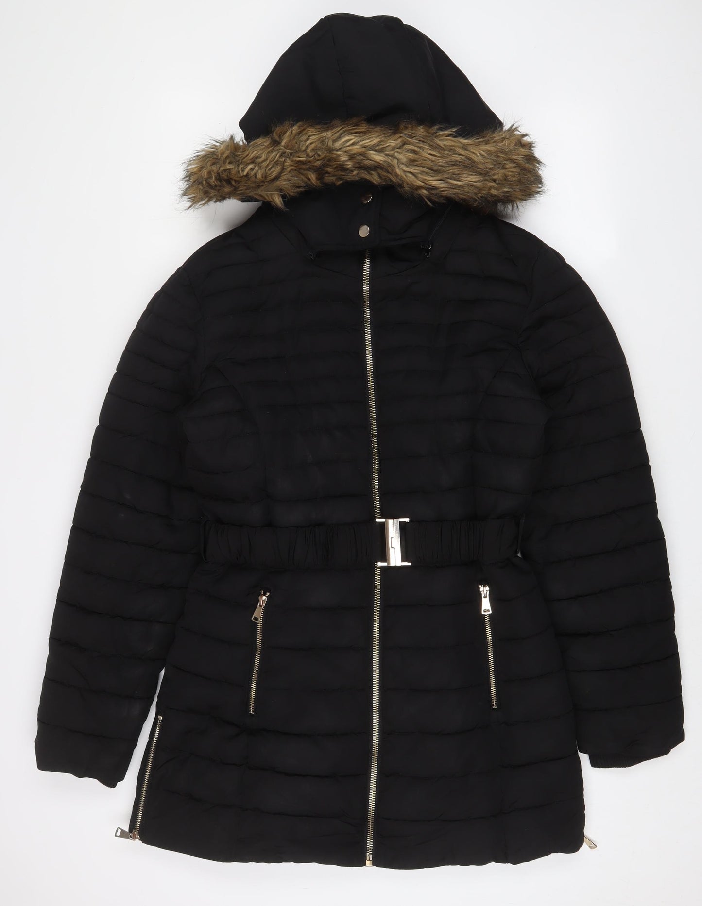 Golddigga Womens Black Parka Coat Size 12 Zip - Belted