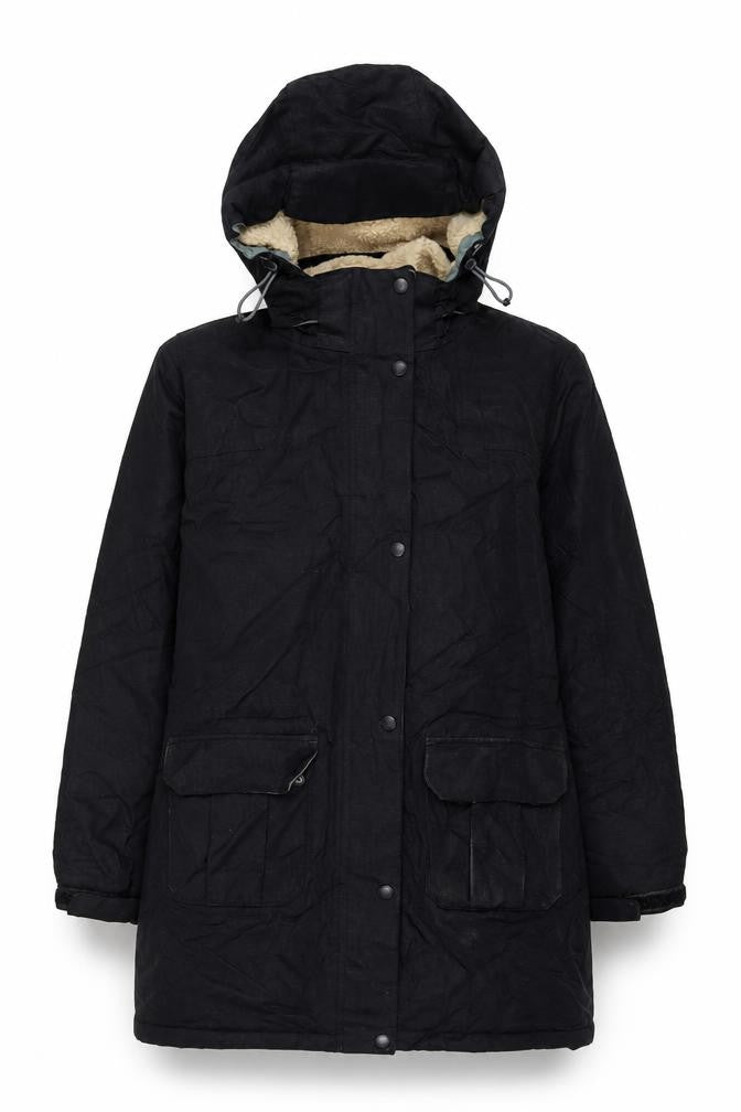 Front view of Lands' End women’s black jacket coat, size UK 6, zip
