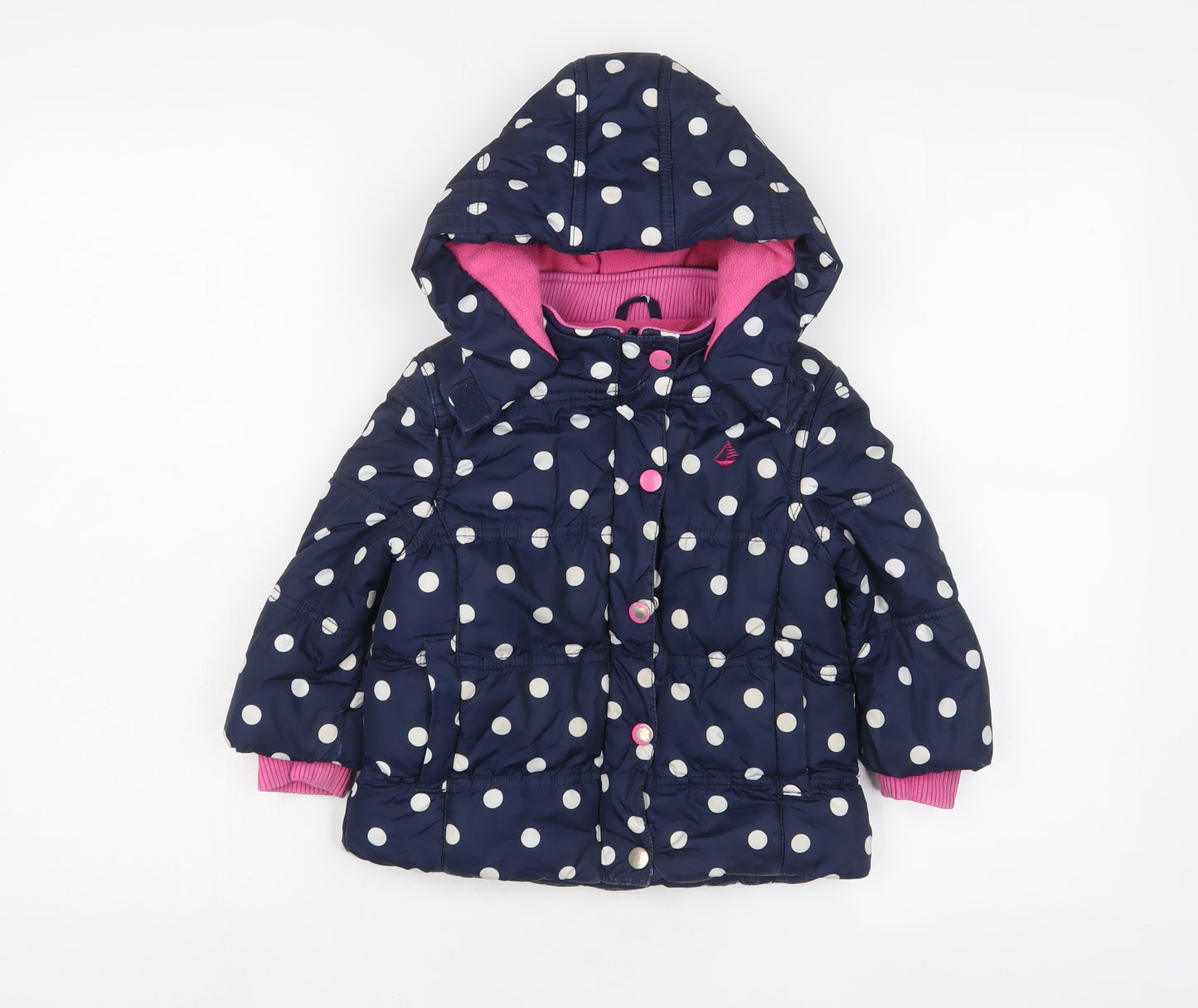 JoJo Maman Bébé Girls Blue Polka Dot Basic Coat Coat Size 18-24 Months Zip