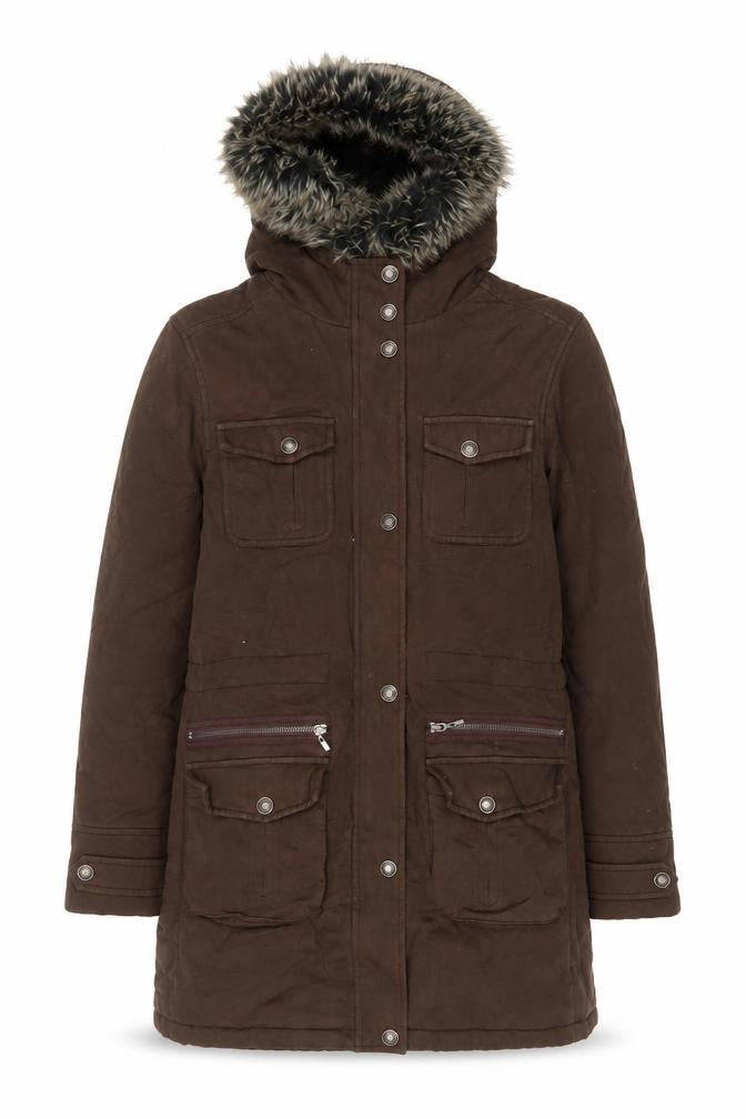 Front view of Maine New England women’s brown parka coat, size UK 12, zip
