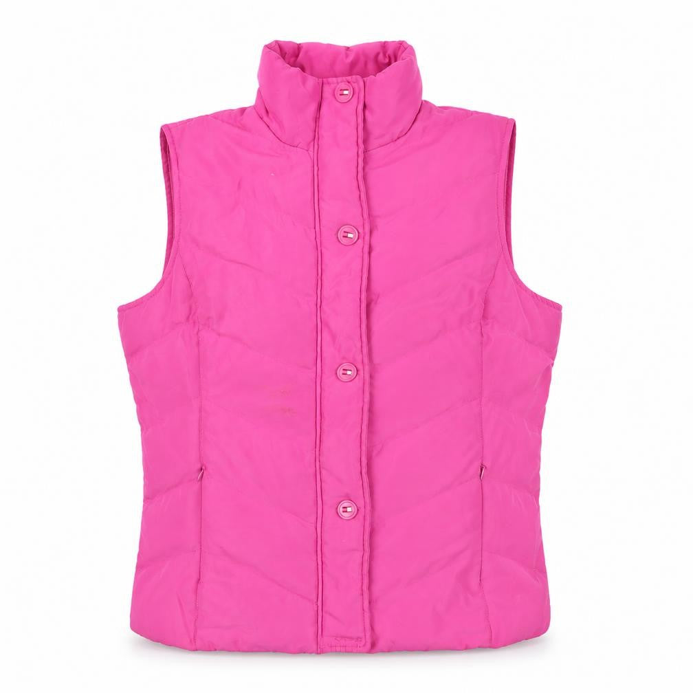 Front view of BETTY KAY women’s pink gilet jacket, size S, zip