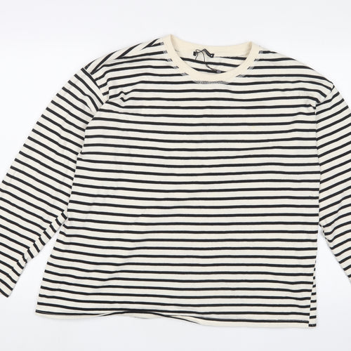 Zara Womens White Striped Cotton Basic T-Shirt Size XL Crew Neck