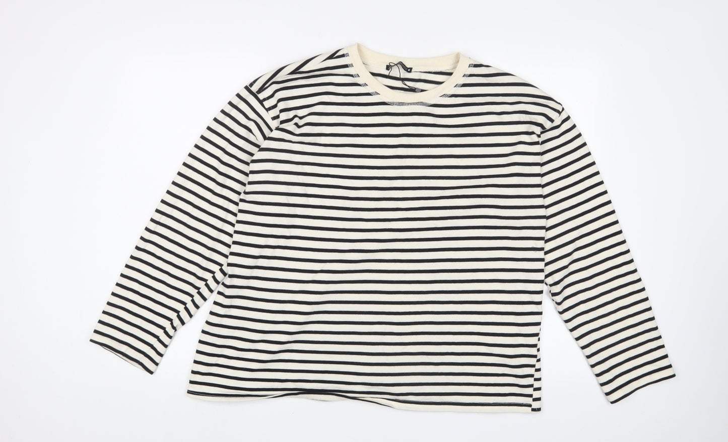 Zara Womens White Striped Cotton Basic T-Shirt Size XL Crew Neck