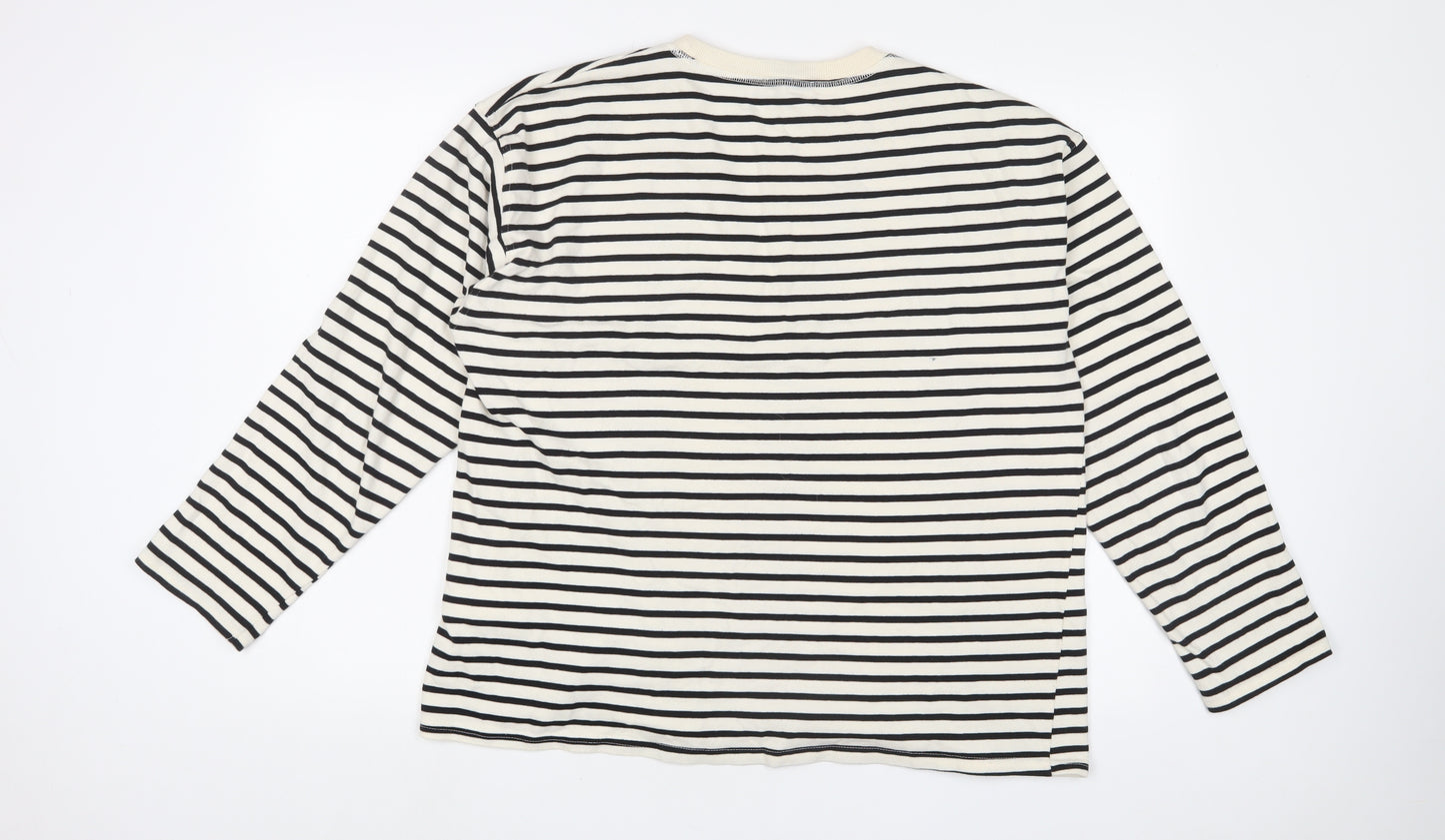 Zara Womens White Striped Cotton Basic T-Shirt Size XL Crew Neck