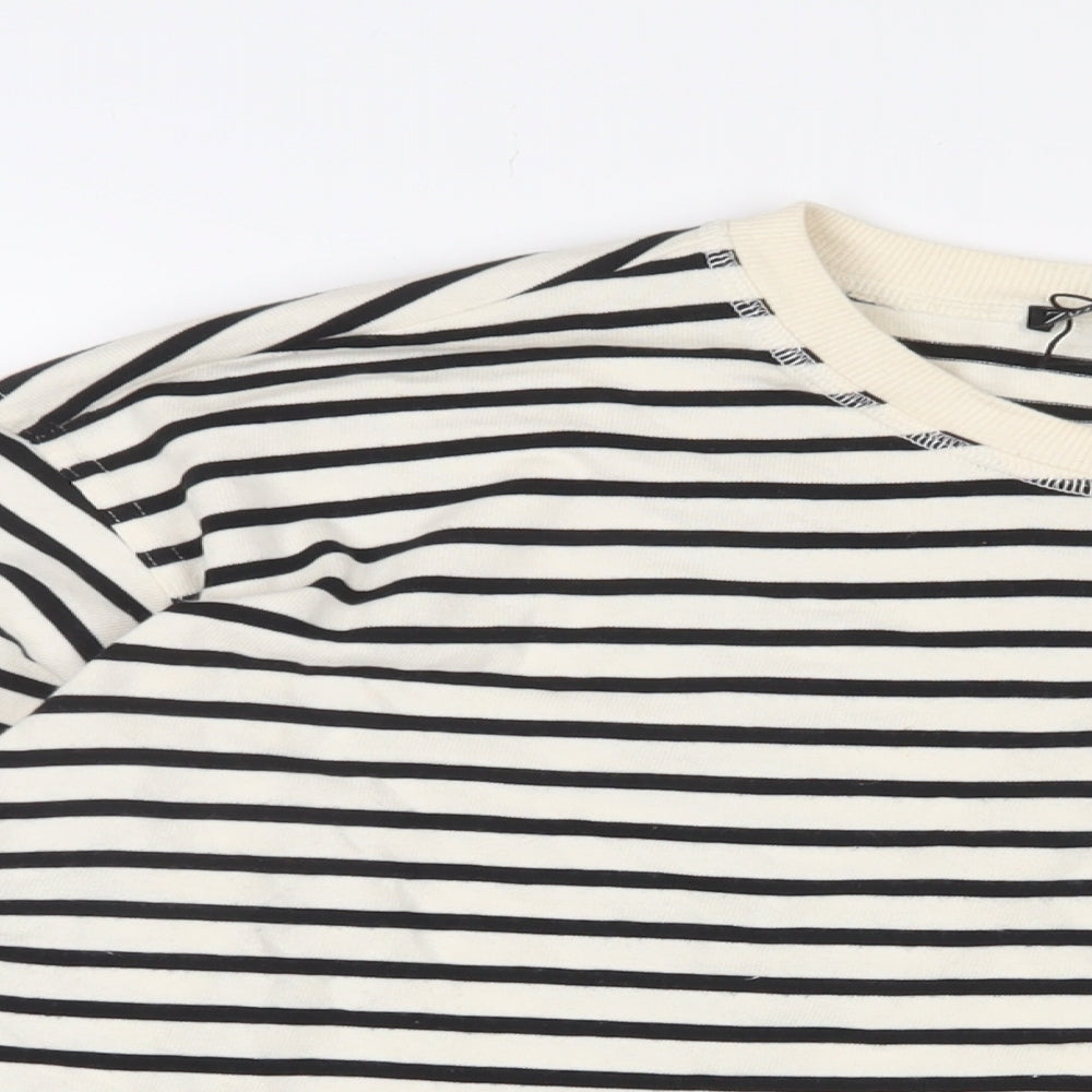 Zara Womens White Striped Cotton Basic T-Shirt Size XL Crew Neck