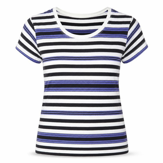 Front view of Linea women’s multicoloured striped cotton basic t-shirt, size S, scoop neck