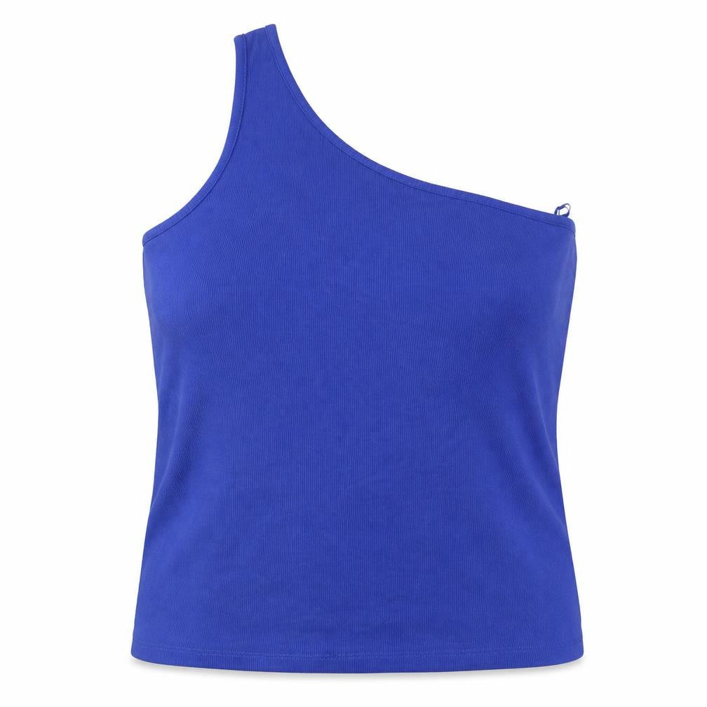 Front view of Marks & Spencer women’s blue cotton basic tank, size UK 22, one shoulder
