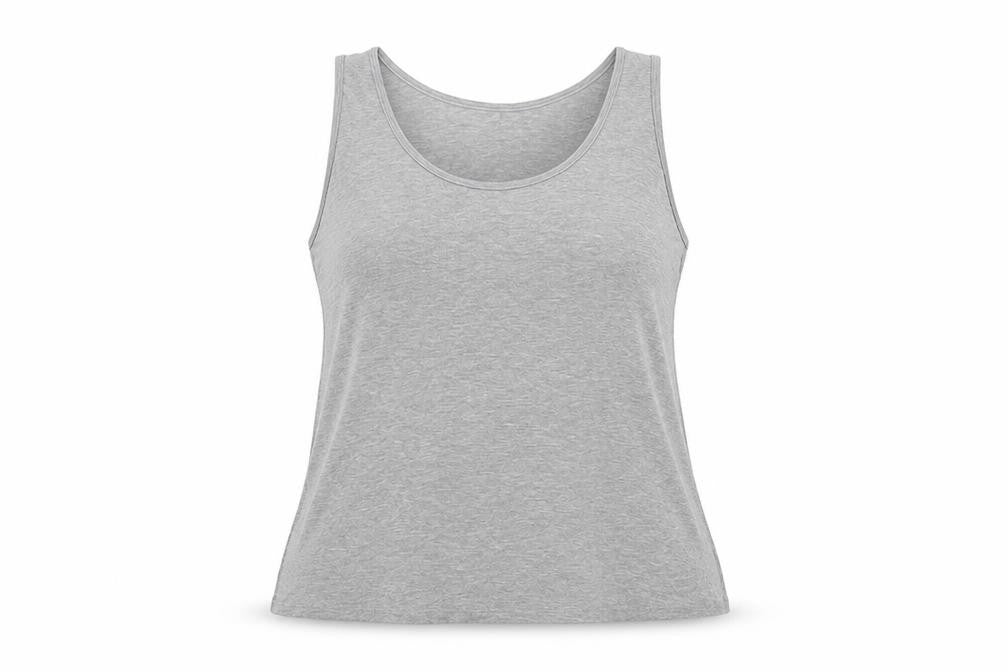 Front view of Marks & Spencer women’s grey modal basic tank, size UK 28, scoop neck