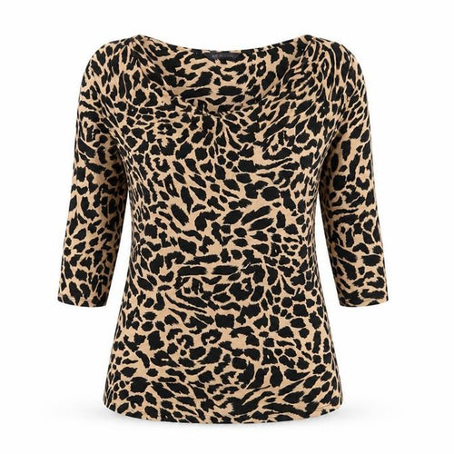 Marks and Spencer Womens Brown Animal Print Viscose Basic T-Shirt Size 8 Cowl Neck