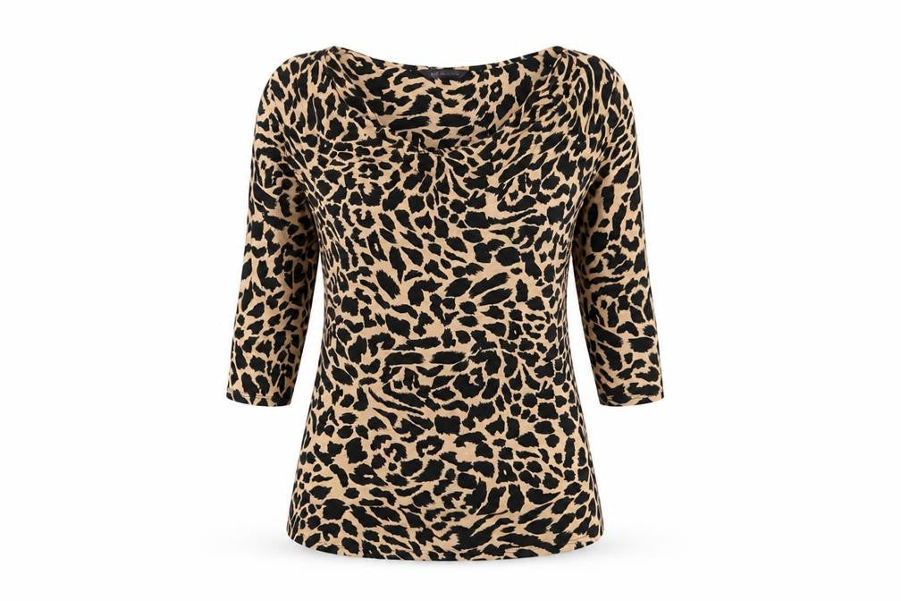 Marks and Spencer Womens Brown Animal Print Viscose Basic T-Shirt Size 8 Cowl Neck