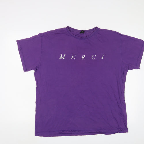 New Look Mens Purple Cotton T-Shirt Size L Crew Neck - Merci, Embroidered