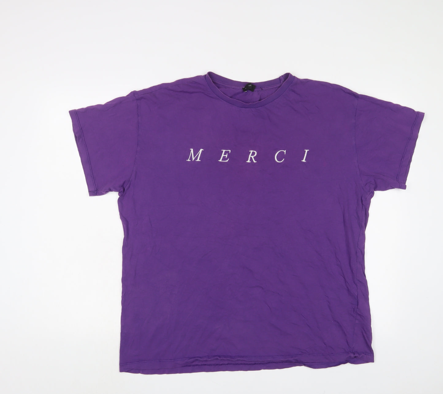 New Look Mens Purple Cotton T-Shirt Size L Crew Neck - Merci, Embroidered