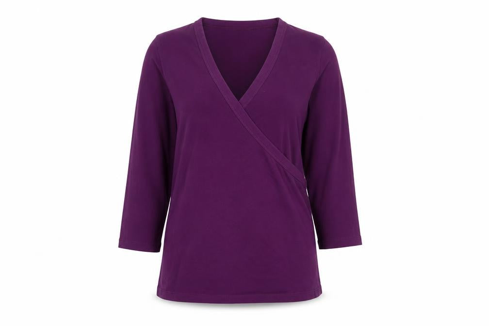 Front view of Zara women’s purple cotton basic t-shirt, size L, v-neck
