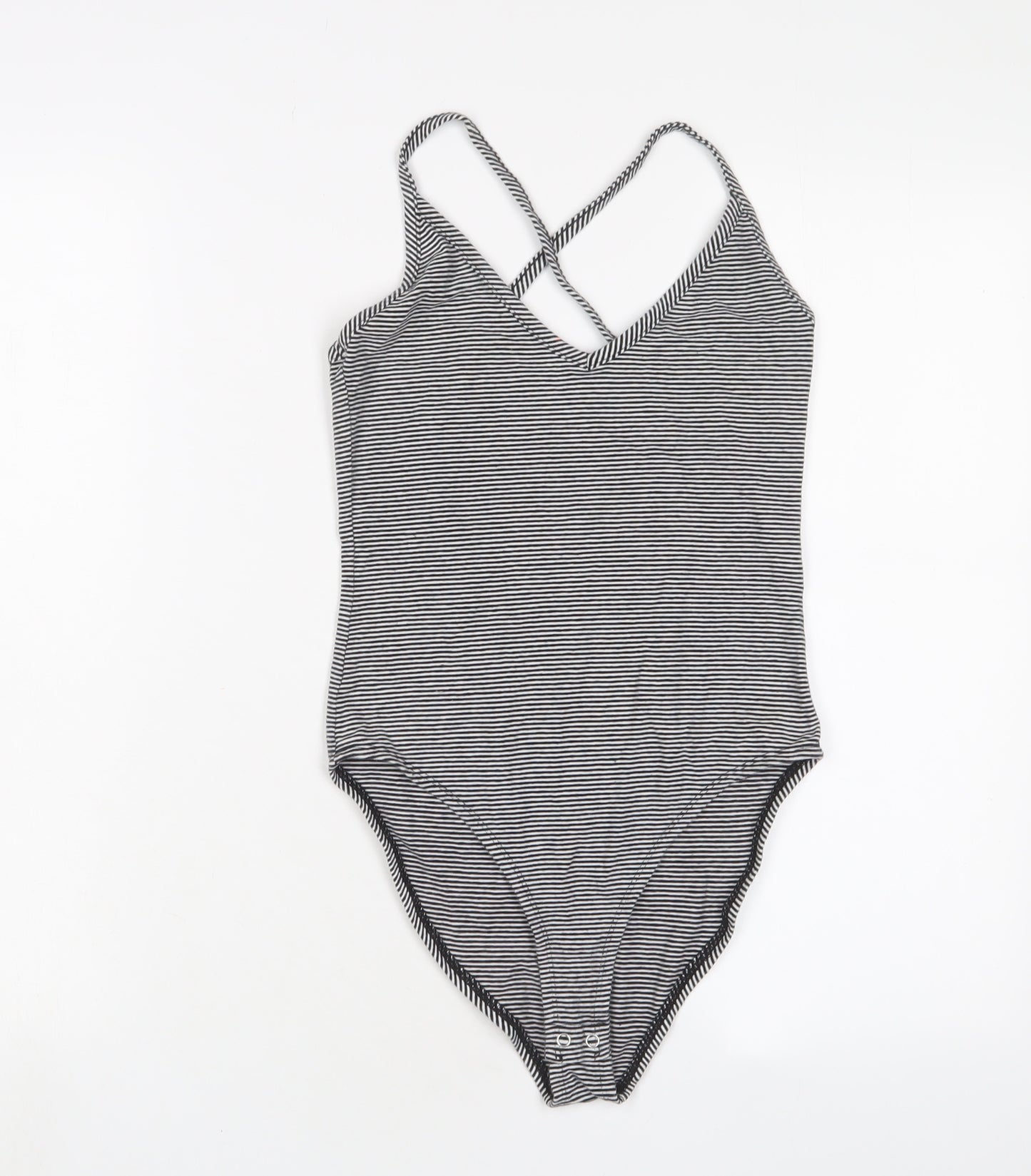FOREVER 21 Womens White Striped Cotton Bodysuit One-Piece Size S Snap