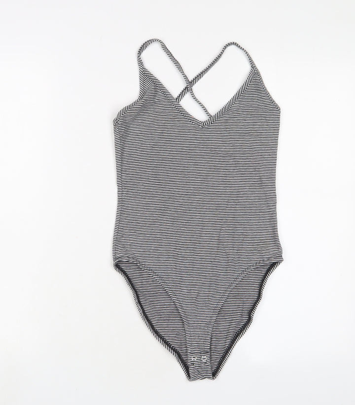 FOREVER 21 Womens White Striped Cotton Bodysuit One-Piece Size S Snap