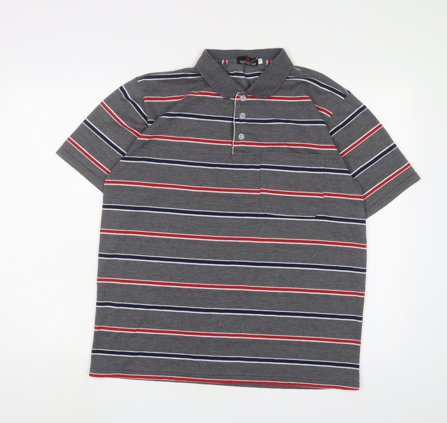 Fight the wolf Mens Grey Striped Polyester Polo Size XL Collared Button